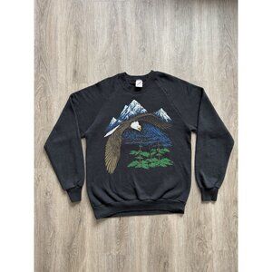 Rare Vintage 90s Jerzees Eagle Art Mountain Tree Nature Black Crewneck Sweater